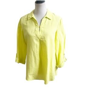 Ellen Tracy Womens Linen Blend Pullover Blouse Shirt Chartreuse Medium Tunic